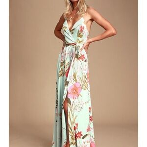Lulu’s Still the One Sage Green Floral Print Satin Maxi Dress